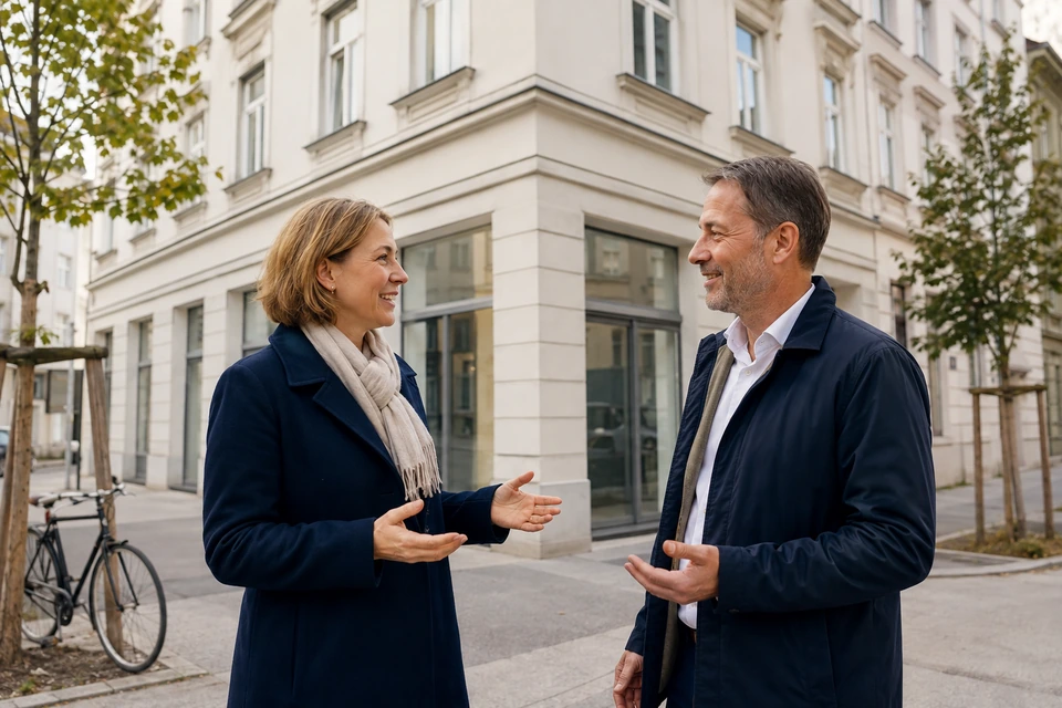 Symbolischer erster Immobilienkontakt vor einem österreichischen Eckhaus